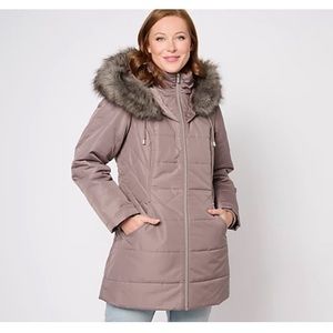 Susan Graver Water Resistant Quilted Puffer Jacket with Hood - Thistle